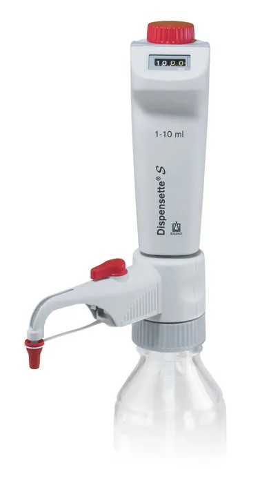 Dosificador Dispensette® S, Digital, DE-M, 1 - 10 ml con válvula de purga,. Incluye dosificador acoplable a frasco Dispensette® S, marcaje DE-M, con certificado de calidad, tubo de aspiración telescópico, tubo para dosificación inversa (optativa), llave de montaje, y adaptador de PP. -Reemplazo de art 4700341. Brand.