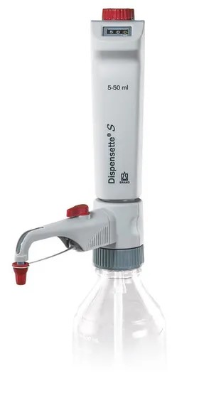 Dosificador Dispensette® S, Digital, DE-M, 5 - 50 ml con válvula de purga, Incluye dosificador acoplable a frasco Dispensette® S, marcaje DE-M, con certificado de calidad, tubo de aspiración telescópico, tubo para dosificación inversa (optativa), llave de montaje, y adaptador de PP..-Reemplazo de art 4700361. Brand.